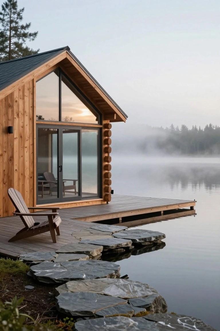 Wooden log cabin with dark gray metal roof, large black-framed sliding glass doors, and triangular window, positioned on a wooden dock over a calm misty lake surrounded by trees, with an Adirondack chair on the deck and irregular stone steps at the edge.