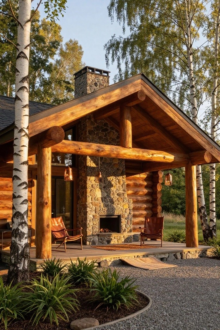 Log cabin with covered porch showing two tan leather chairs facing a stone outdoor fireplace, copper lanterns hanging from log beams, birch trees nearby, gravel ground with plants.
