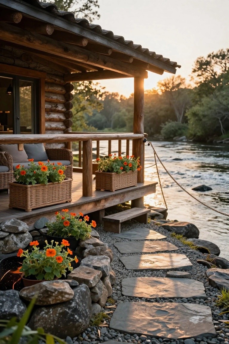 Log cabin with wooden porch deck featuring wicker chairs, woven planters of orange flowers, railing with rope, and stone steps leading to a riverside rock garden.
