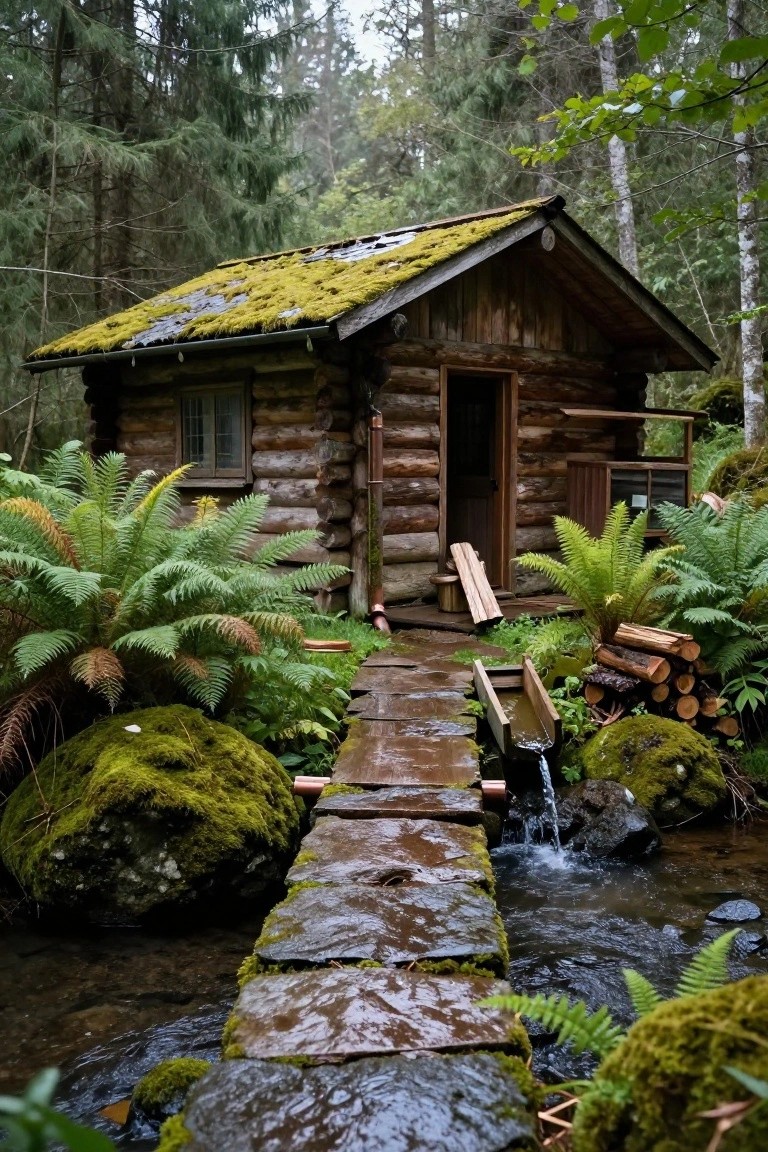 A small log cabin with moss-covered roof and wooden walls in a dense forest, with a stone pathway over a stream leading to the entrance amid ferns and mossy boulders.