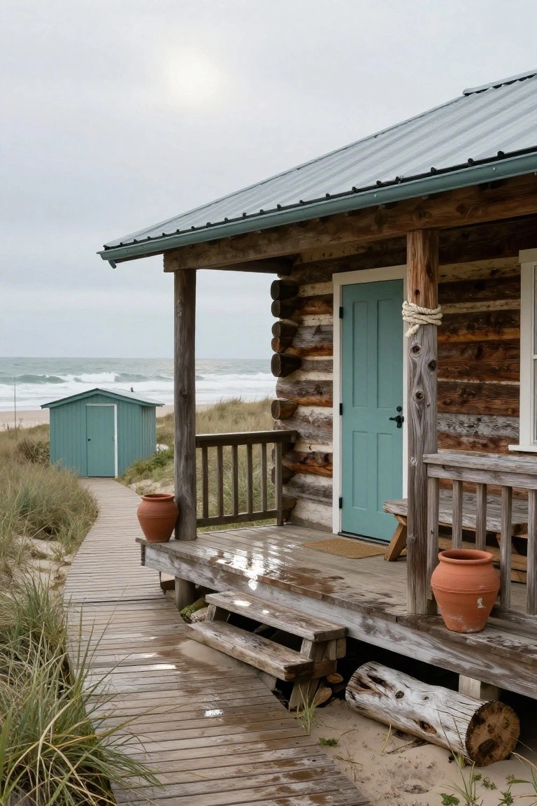 Log cabin with teal door on rainy beach boardwalk, ocean view.