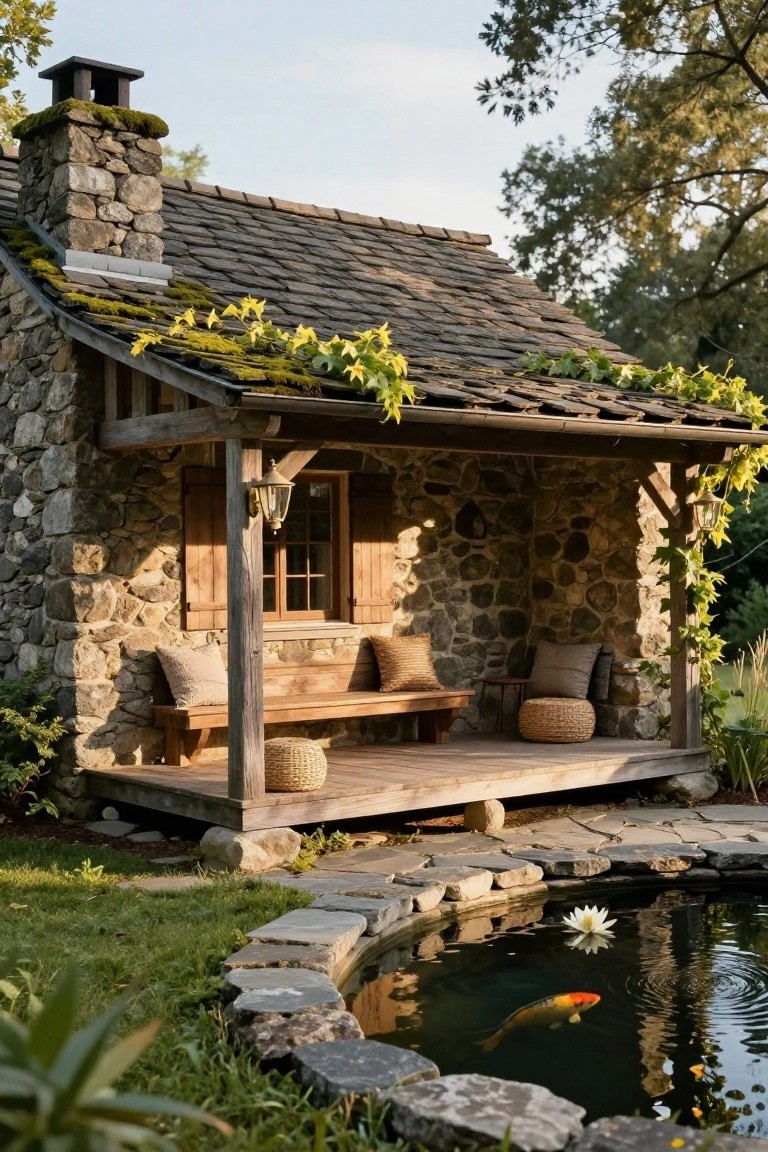 Small rustic stone cottage with mossy slate roof and climbing vines, featuring a wooden covered porch with built-in bench, pillows, stools, and lantern, adjacent to a circular stone-edged koi pond containing a goldfish and lily pad in a garden.