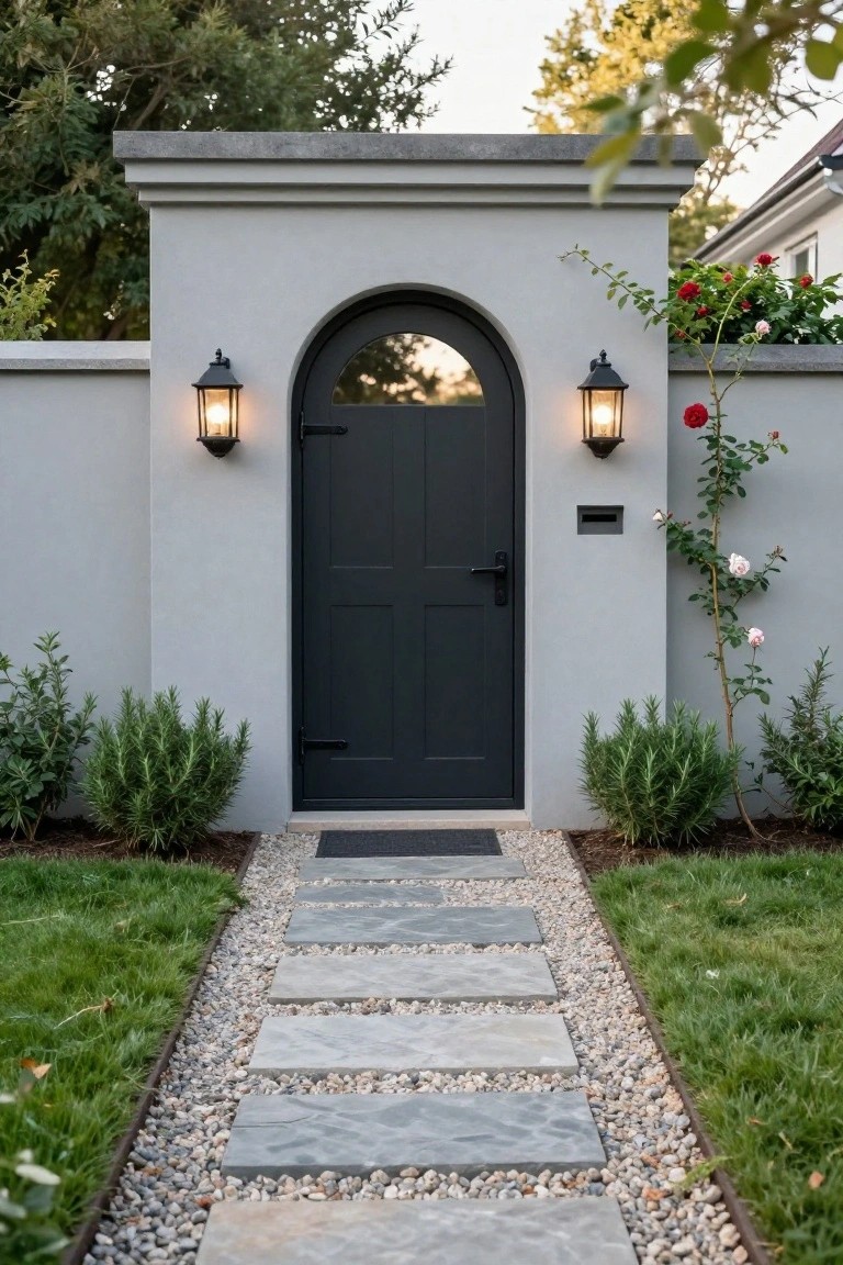 Gray stucco wall featuring an arched black paneled door with mail slot, flanked by black lanterns and rosemary shrubs, adjacent to climbing roses and a stone paver pathway edged with gravel and grass.
