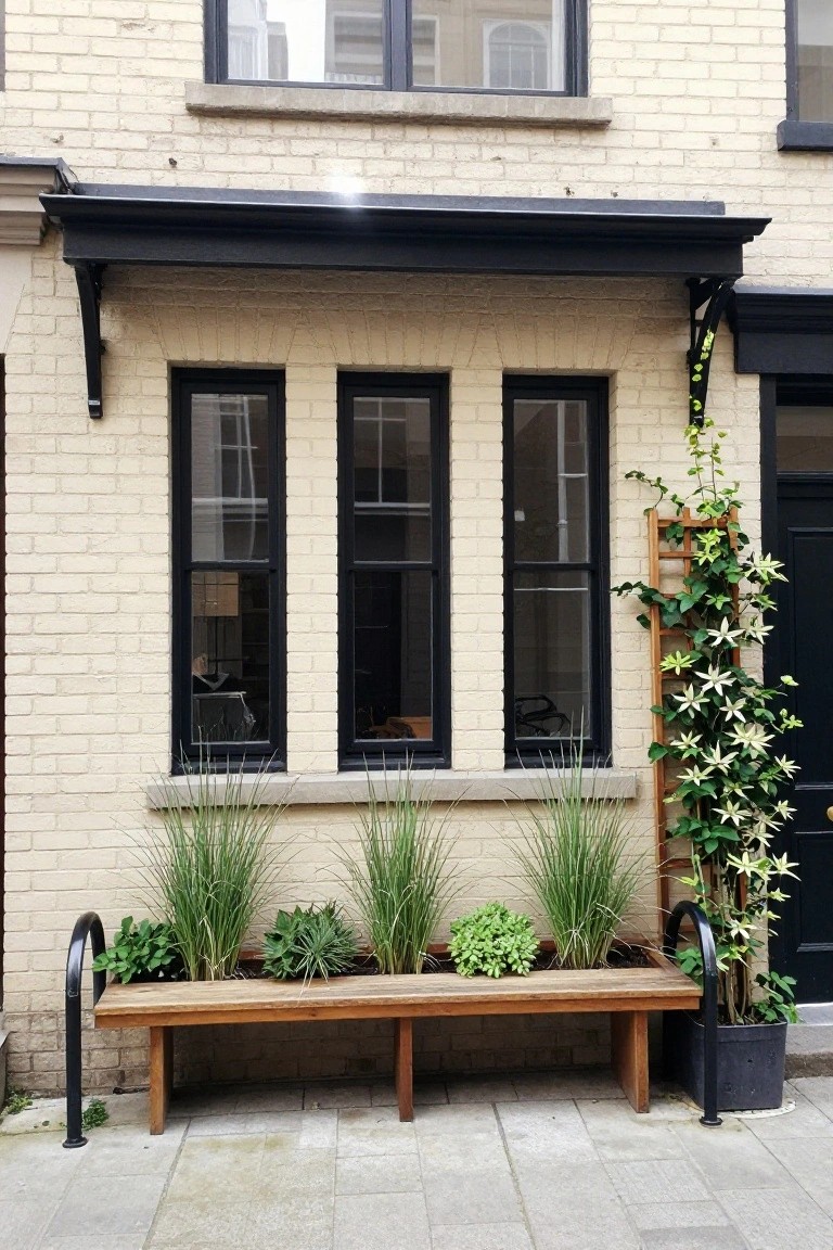 Pale yellow brick house exterior featuring three black-framed windows, wooden bench planter with grasses and herbs, wooden trellis with flowering vine next to black front door, and black metal railings on a paved walkway.