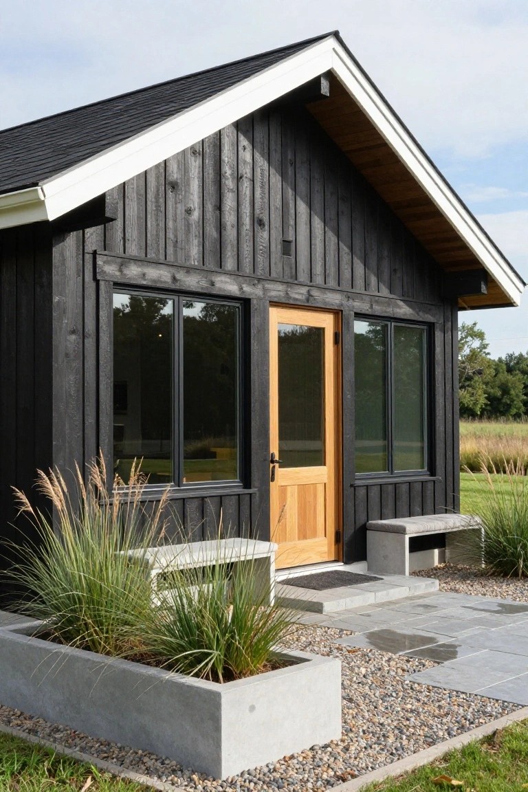 Small gabled cottage with black vertical wood siding, orange wood front door, black-framed windows, concrete benches, potted grasses, gravel path, and stone steps in a field setting.