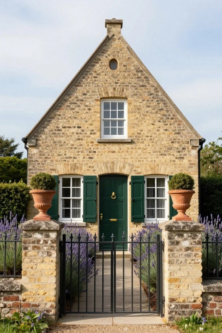 Front exterior of a small yellow brick gabled cottage with green shutters and front door, brass knocker, wrought iron gate, terracotta pots with boxwoods, and lavender plants along the path.
