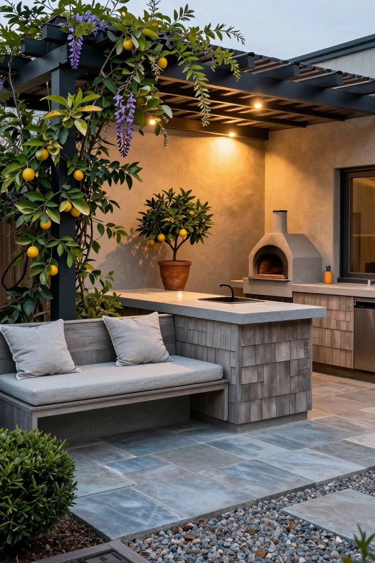 Outdoor patio featuring a concrete kitchen island with integrated gray bench seating, wood shingle-clad cabinets, stainless sink, pizza oven, potted lemon tree, climbing vines on black pergola, and blue-gray pavers.