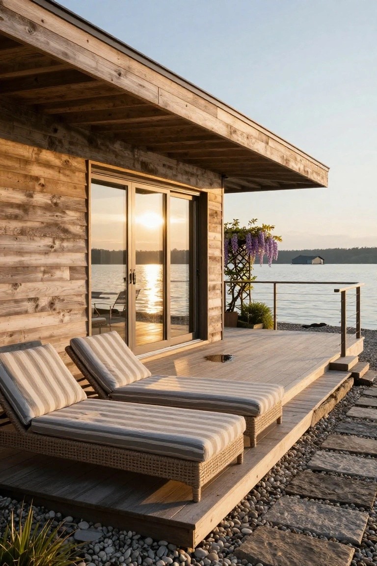 Wooden modern cottage exterior with large sliding glass doors opening onto a cantilevered deck featuring two striped lounge chairs, a wisteria plant, metal railing, and a view of a lake at sunset.