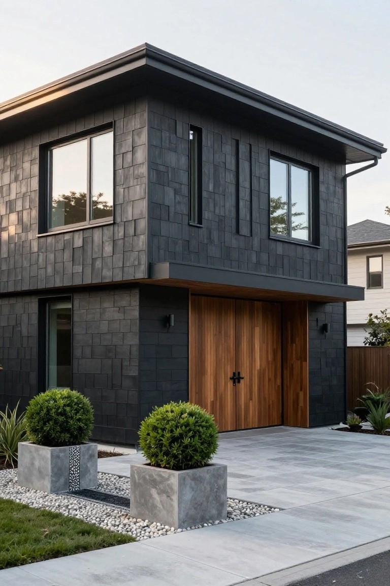 Corner view of a two-story modern house with dark gray slate shingle cladding, double wooden garage doors, concrete planters holding round boxwood shrubs, a pebble-lined dry creek bed, and light gray paver driveway.