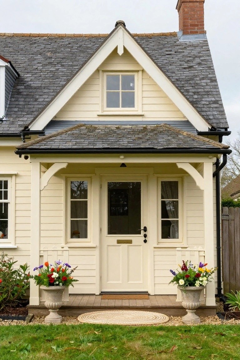 Cream clapboard cottage exterior with gabled slate roof, covered porch featuring double doors and bracketed supports, large stone urns filled with colorful flowers on either side of gravel steps, and surrounding green lawn.