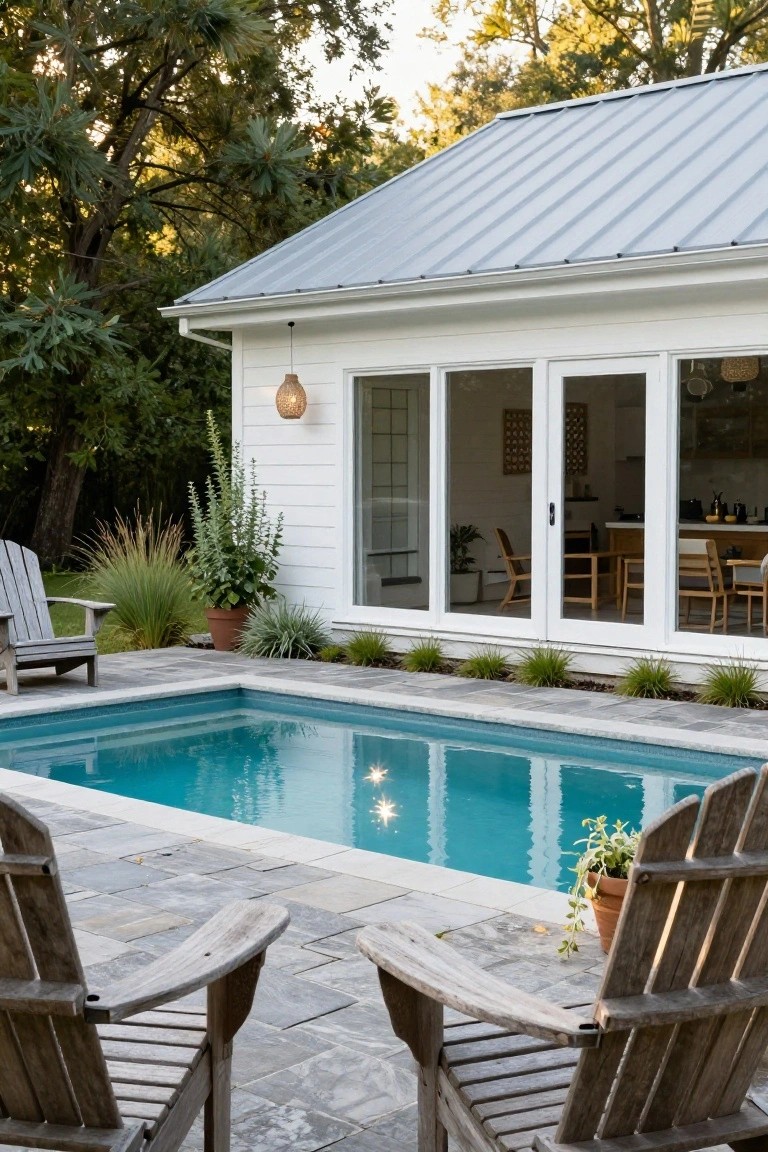 Modern backyard with turquoise pool, white house, and wooden chairs on stone patio.