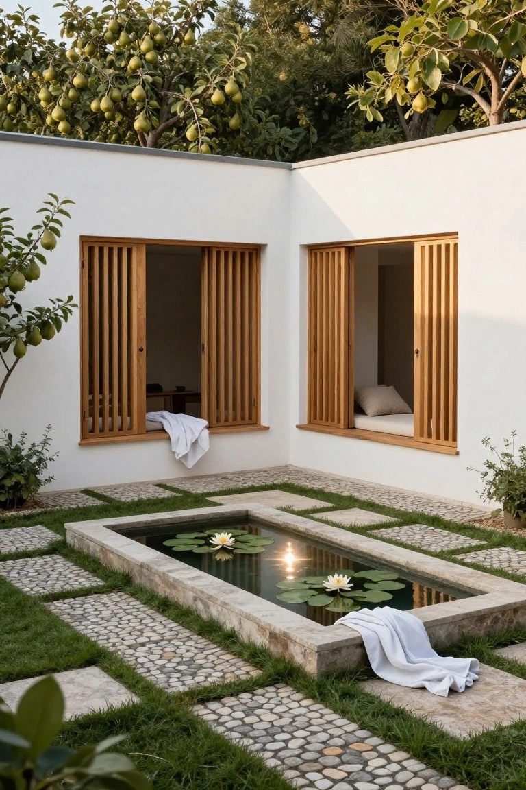 Corner of white stucco house with open wooden louvered shutters and draped window seats above a rectangular stone-lined pond containing white lily pads and water lilies in a pebble-and-grass paved courtyard with surrounding trees and plants.