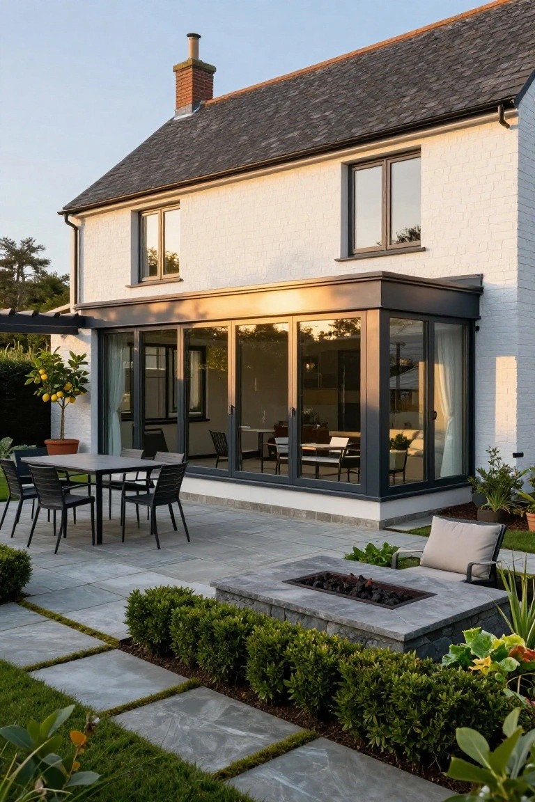 White rendered cottage house with slate roof, chimney, and black-framed glass extension with sliding doors opening to a paved patio featuring a dining table, chairs, lounger, fire pit, hedges, and plants.