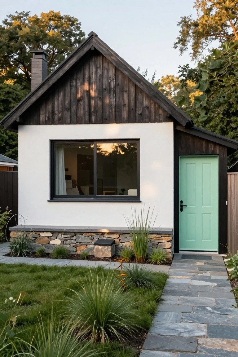 A small cottage exterior with dark vertical wood cladding on the pitched roof and upper walls, white rendered lower wall featuring a large sliding window and mint green paneled door, stone base, slate path, and low grasses and plants in the yard.