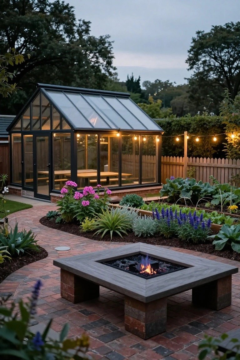 Square gas fire pit table on brick pavers in a backyard patio surrounded by garden beds, plants, and a lit glass greenhouse structure at dusk.