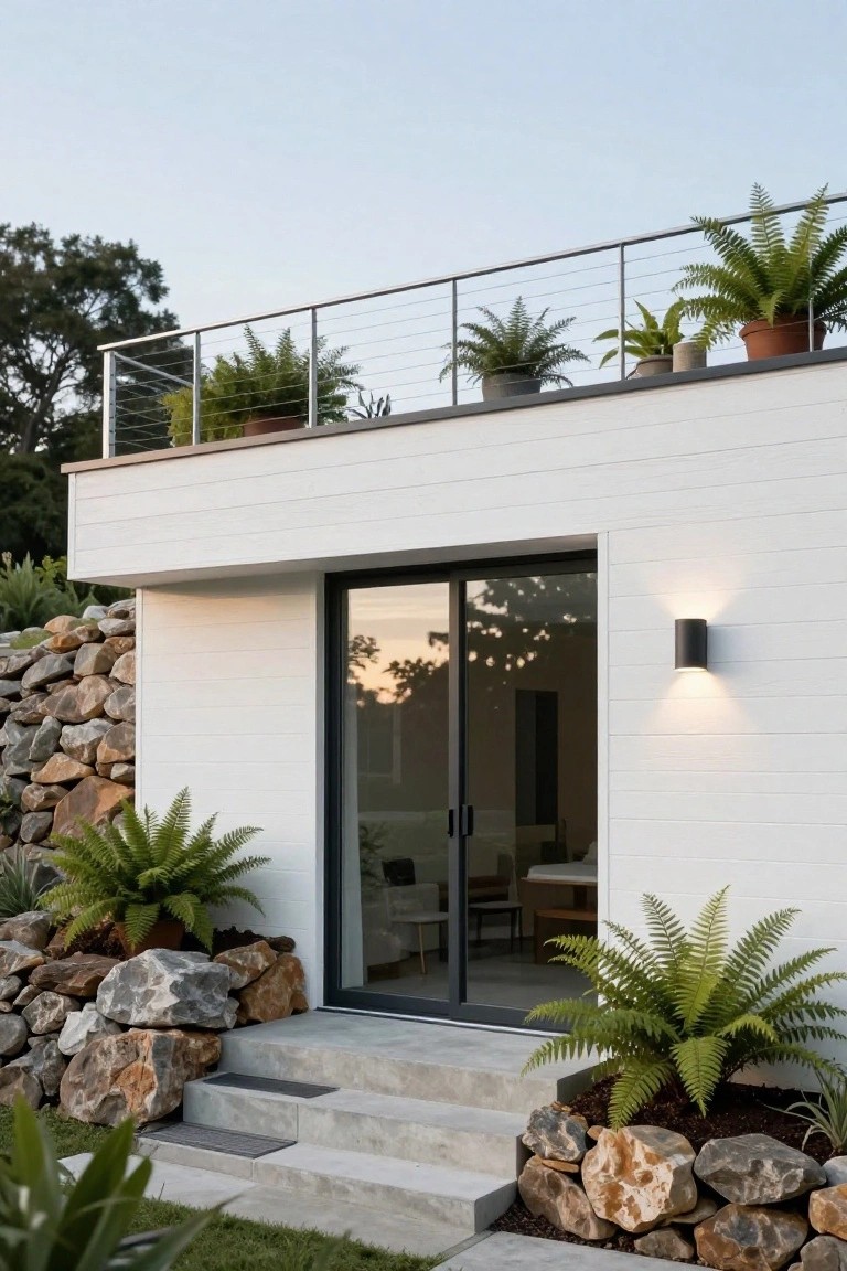 White modern house exterior with cable-rail balcony, black-framed sliding glass doors, wall lights, concrete entry steps amid large boulders and fern plants on a rocky embankment.