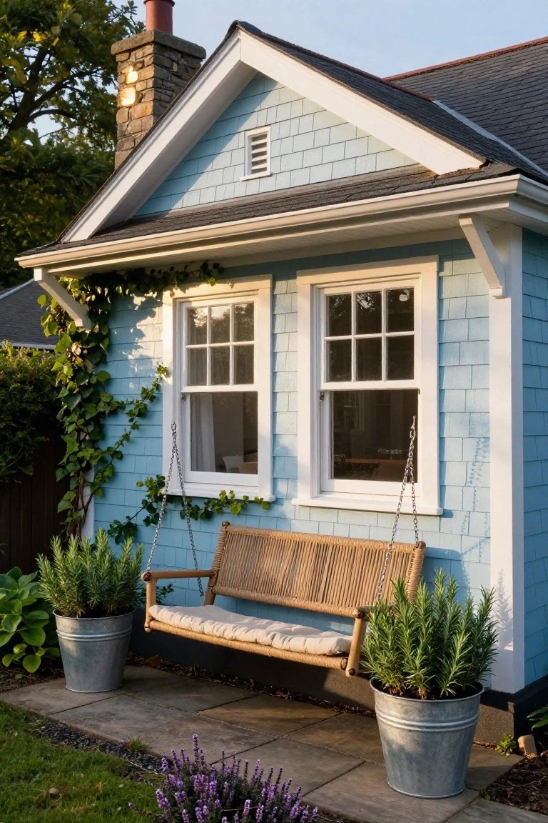 Light blue shingle-style cottage exterior with gable roof, climbing ivy on one side, two double-hung windows, hanging wooden swing bench, potted rosemary plants in galvanized buckets, lavender flowers, and stone patio beside green lawn.