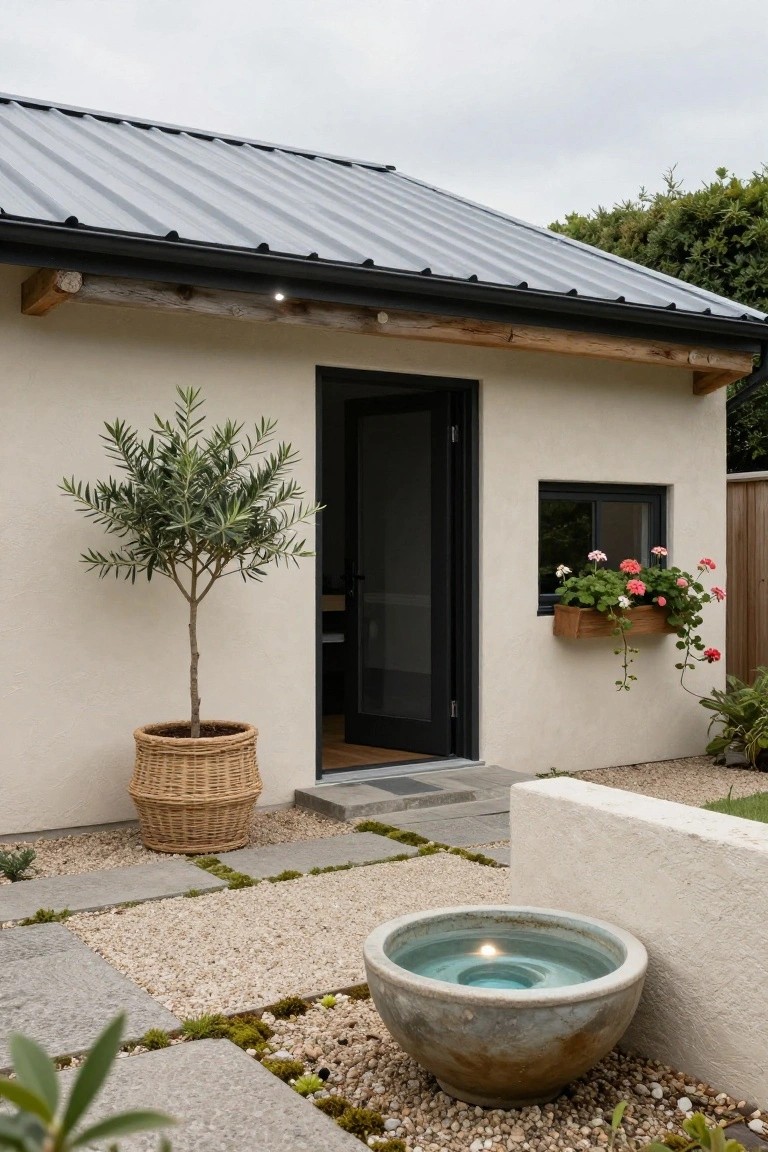Beige plaster cottage exterior with corrugated gray metal roof, black-framed glass door ajar with screen, small black window with geranium planter, potted olive tree beside entrance, gravel path with pavers leading to a ceramic water bowl fountain.