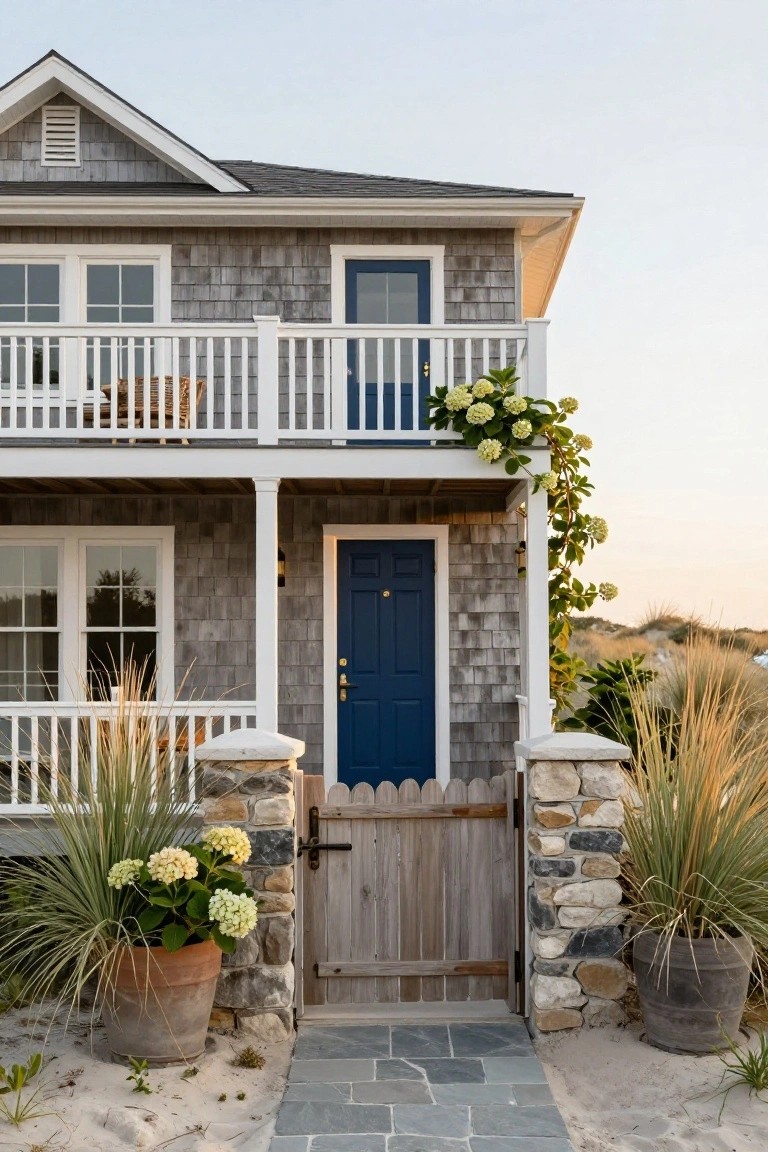 Gray shingle-clad two-story house with white porch and balcony railings, navy blue front door, wooden picket gate between stone pillars, potted plants and beach grasses along a stone path in sandy yard.