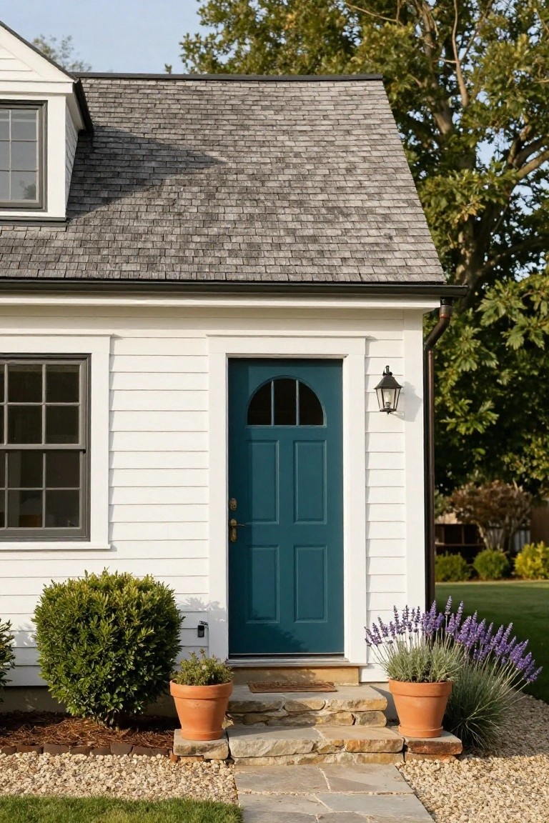 White clapboard house exterior with dark teal paneled front door, black-framed windows, copper gutter, lantern light, boxwood shrubs, terra-cotta pots with lavender and ornamental grass on stone steps, gravel mulch, and trees nearby.