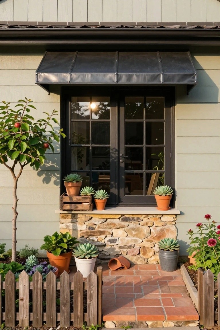 House exterior with pale green siding, black-framed multipane window under a black metal awning, stone ledge below holding wooden crate and terracotta pots of succulents, surrounded by potted plants, small tree, flowers, white picket fence, and brick steps.