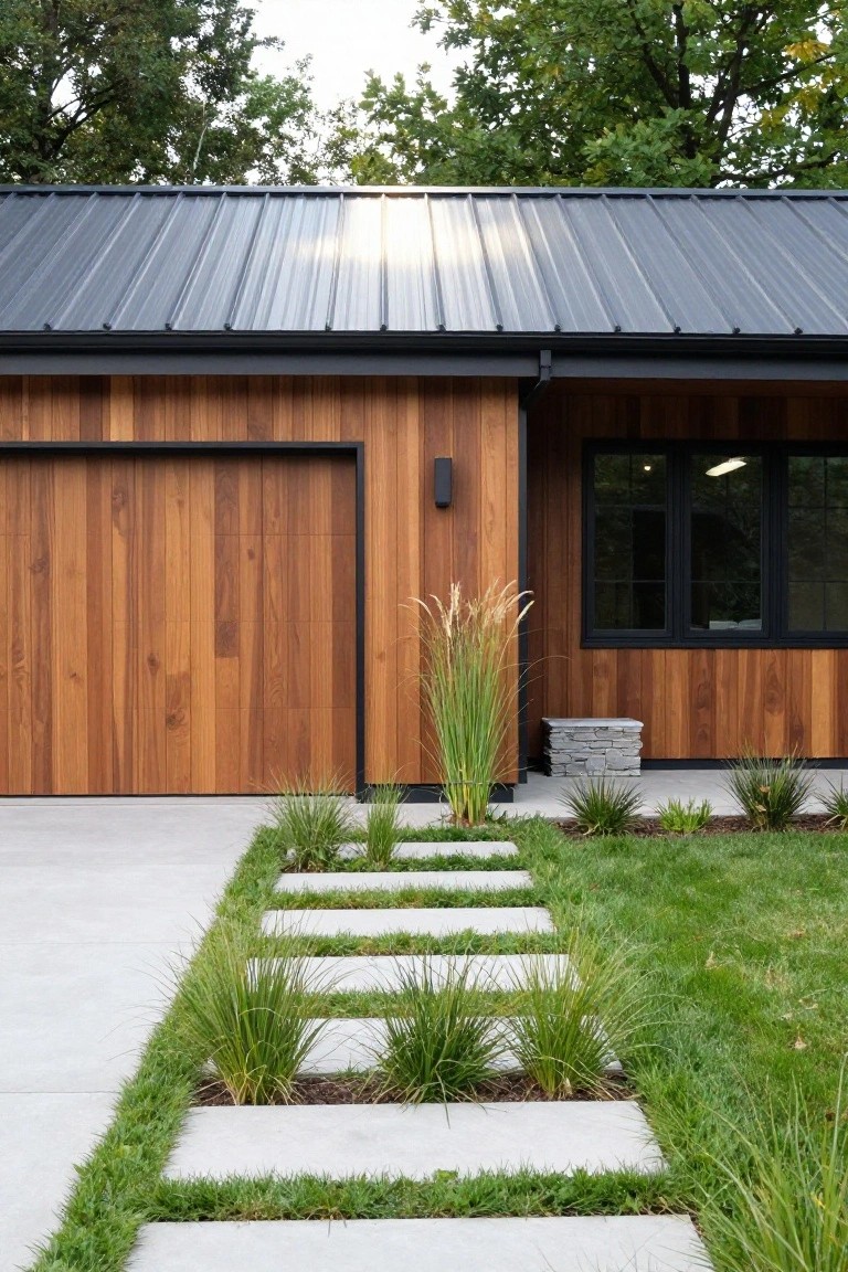 Modern house exterior with black metal roof, vertical wood-clad garage door and siding, black-framed window, wall light, stone base, tall grass plants, and concrete stepping path through green lawn leading to the driveway.