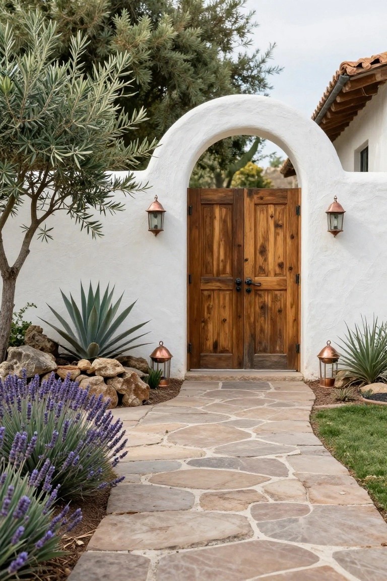 Wooden arched gateway with stone path, lanterns, and purple lavender plants.