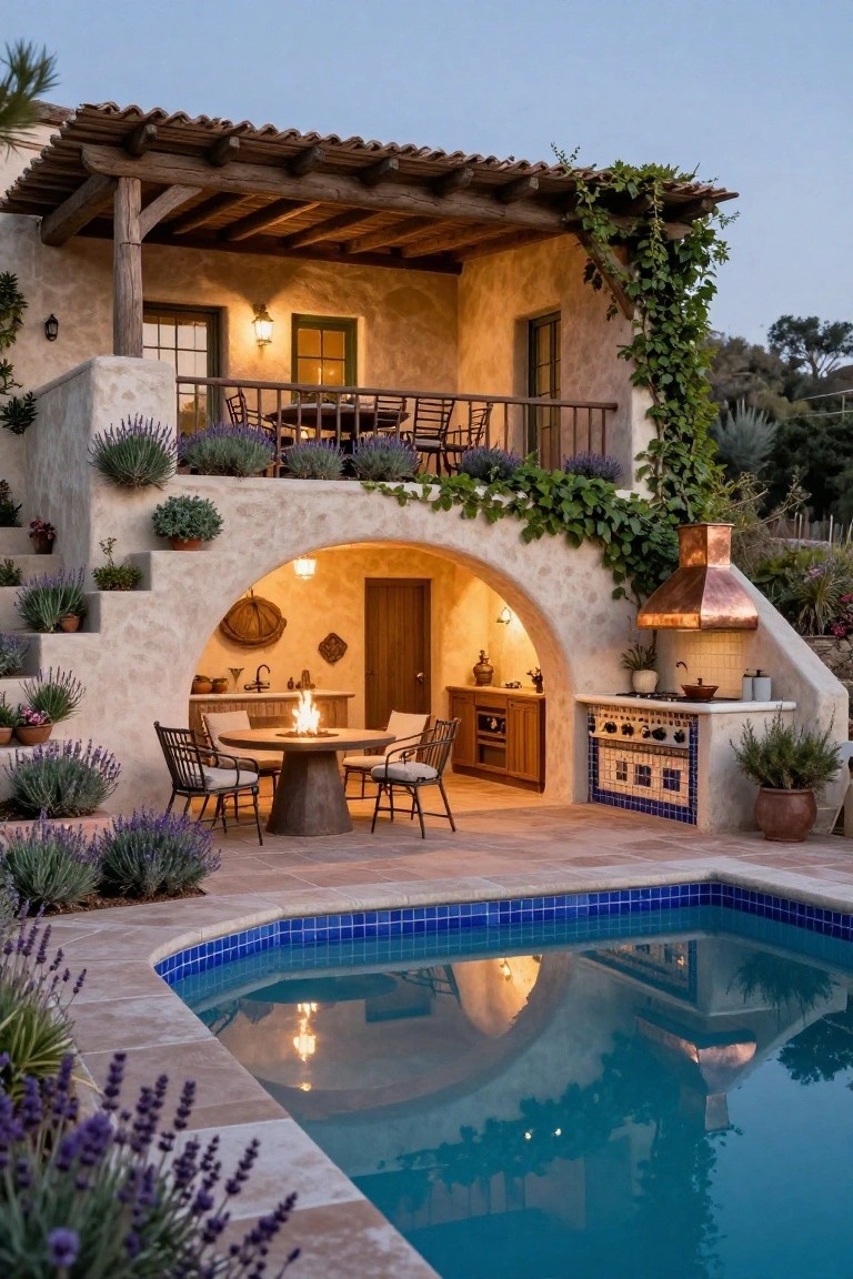 Spanish ranch-style house exterior with arched outdoor kitchen featuring copper hood, pool, fire pit table, seating areas, balcony, steps, and lavender plants on vines.