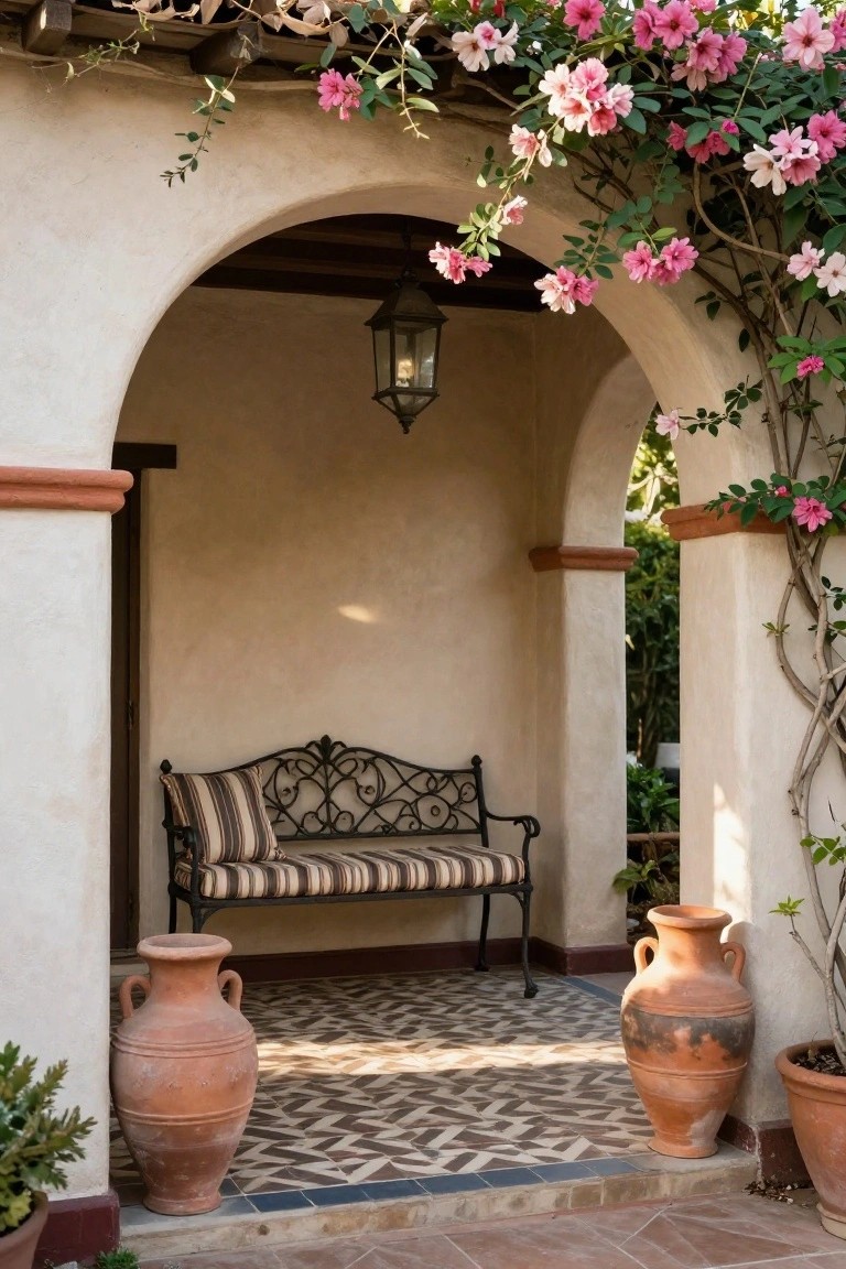 Arched stucco outdoor alcove with wrought-iron bench having striped cushions, flanked by large terracotta pots, overhead climbing pink bougainvillea, hanging lantern, and patterned tile floor.