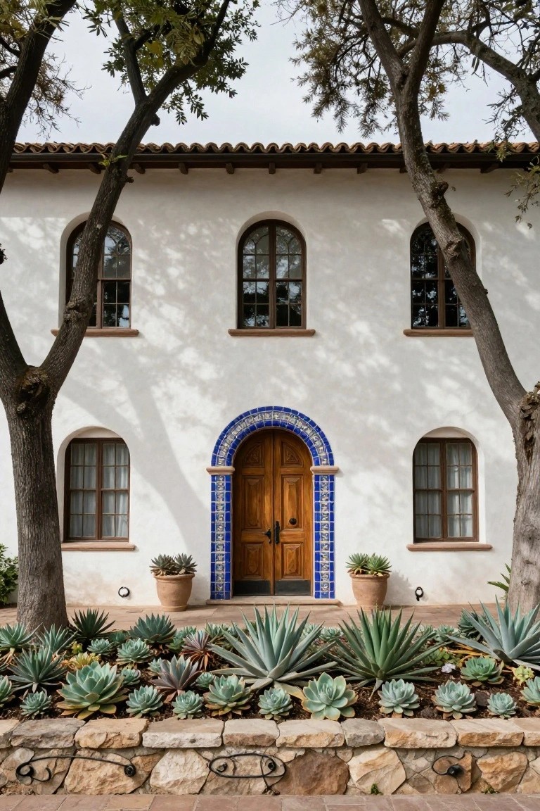 White stucco house exterior in Spanish style with terracotta tile roof, three arched windows, central wooden door framed by blue tiled arch, mature trees on sides, potted plants, and succulent garden bed with stone retaining wall.