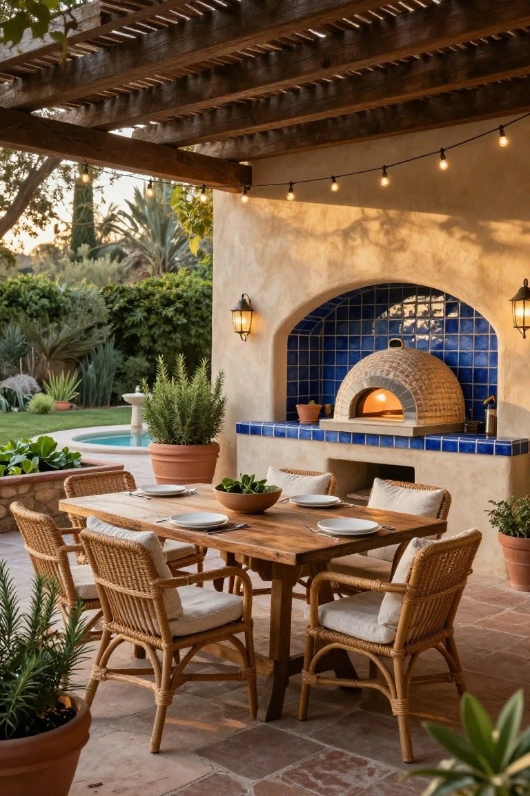 Outdoor patio featuring a wood-fired pizza oven built into a stucco wall with blue tiled arch, wooden dining table with rattan chairs and cushions, under a wooden pergola with string lights, surrounded by potted plants and a pool in the background.