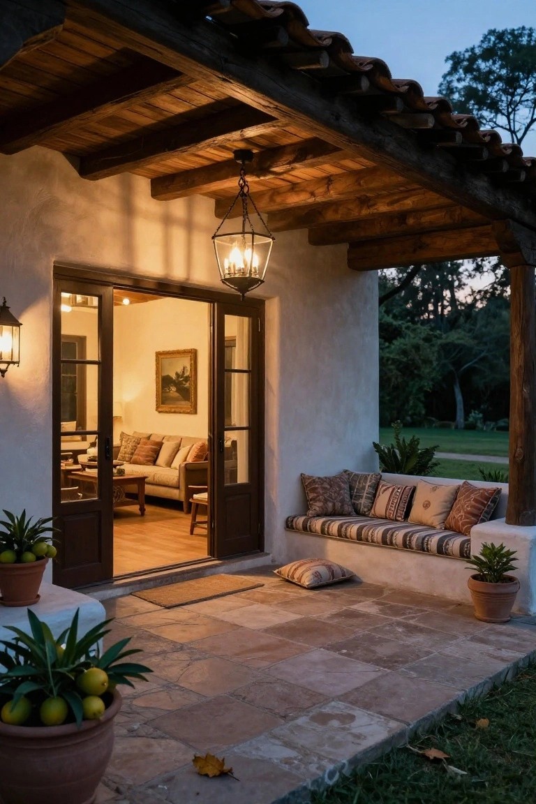 Covered porch of a Spanish-style ranch home at dusk with open French doors revealing a living room, built-in bench piled with cushions, hanging lanterns, potted plants, and stone tile flooring.