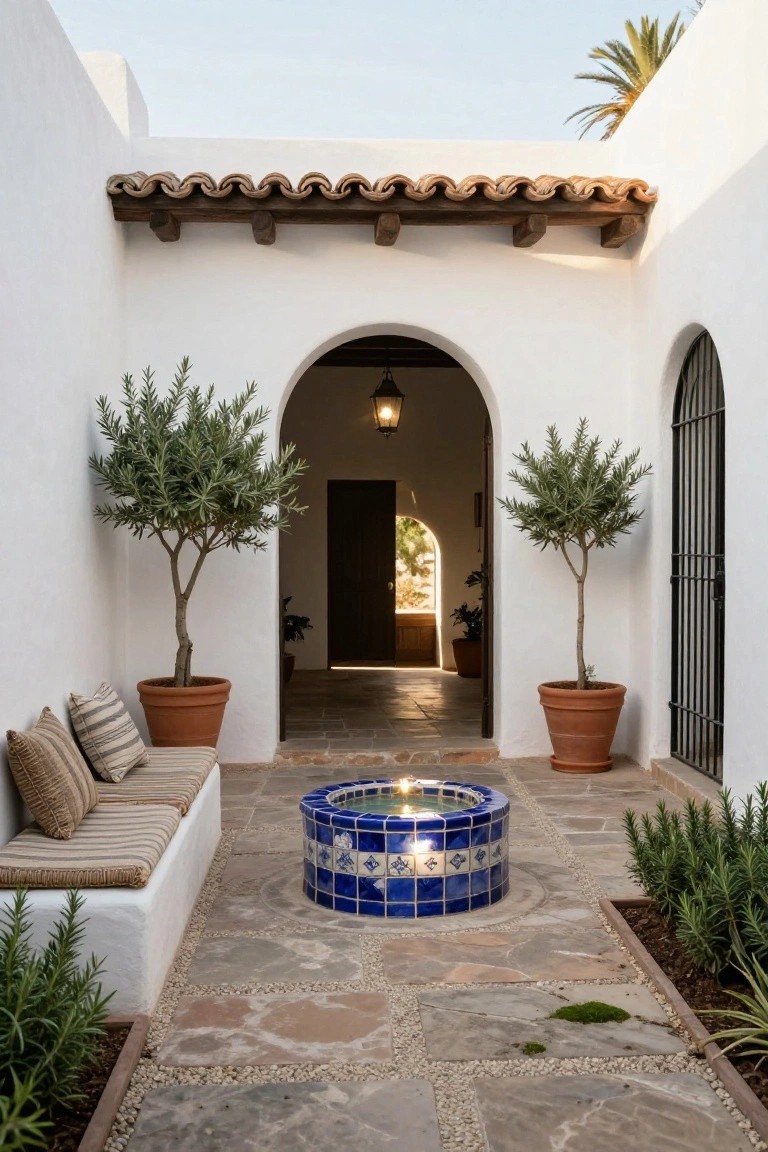 Narrow white stucco courtyard with terracotta tile roof overhang, central round blue-tiled fountain, potted olive trees, cushioned bench, arched iron gate, and wooden door entry.