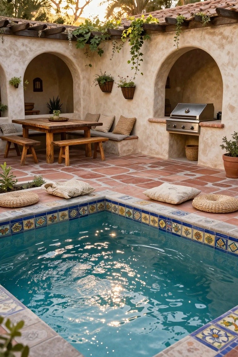 Adobe outdoor courtyard with arched walls, small turquoise plunge pool edged in blue tiles, wooden rectangular dining table and benches, built-in metal grill, potted plants, cushions, and red terracotta tile floor.