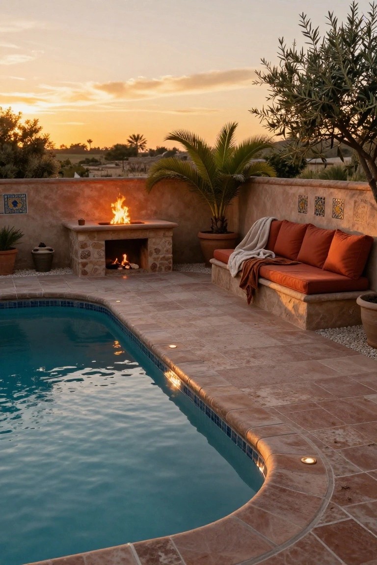 Outdoor pool at sunset with a stone fire pit on a raised platform, built-in bench seating with orange cushions and a throw blanket, potted plants, stucco wall with colorful tiles, palm and olive trees, and terracotta pool tiles.