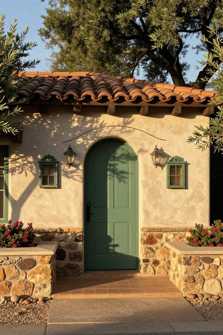 Close-up exterior of a small Spanish-style house with beige stucco walls, red barrel tile roof, arched green wooden front door, wrought-iron lanterns, small windows, stone base planters with red flowers, and surrounding olive trees and gravel ground.