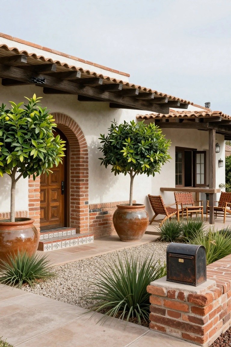 Spanish ranch style home exterior showing arched brick entry with wooden door flanked by two large potted trees in terracotta pots, gravel pathway, yucca plants, outdoor chairs, and mailbox on brick base.