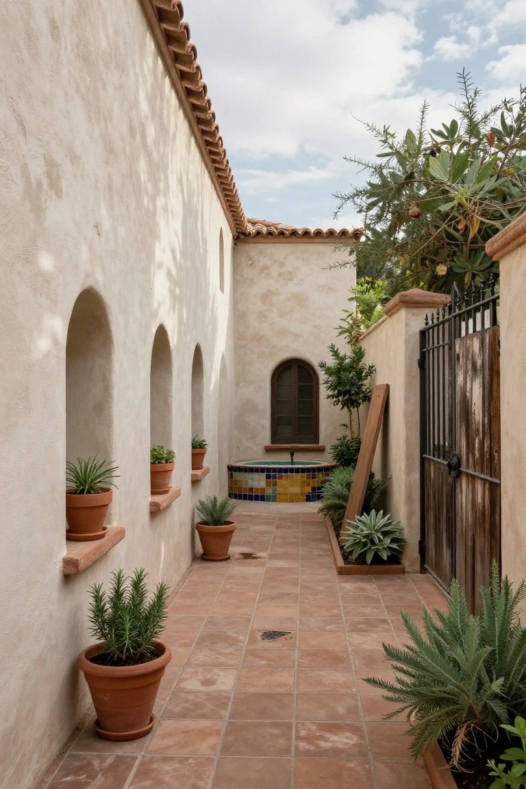 Narrow outdoor corridor flanked by beige stucco walls with three arched niches containing potted succulents, terracotta tile floor, small colorful tiled fountain on one side, additional potted plants, wood board leaning nearby, and wrought iron gate with wood panels at the end.