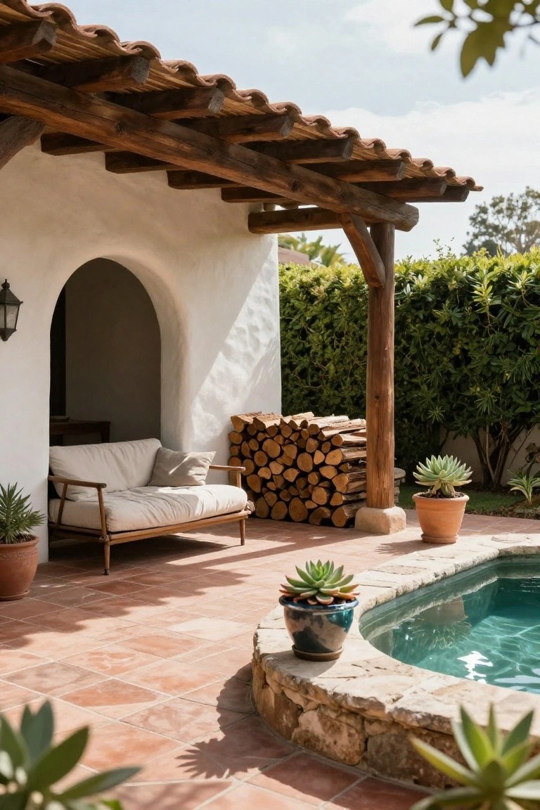 Outdoor patio under wooden-beamed tiled roof with white cushioned wooden sofa, firewood stack, potted succulents, and small curved stone-edged pool on terracotta tiles next to white stucco wall with arched entry.