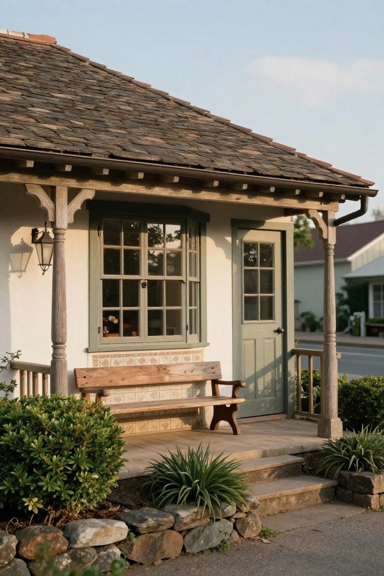 White stucco house exterior with dark wood porch posts and beams, sage green door and window frames, wooden bench on porch, lantern light, boxwood shrubs, grassy steps, and stone retaining wall.