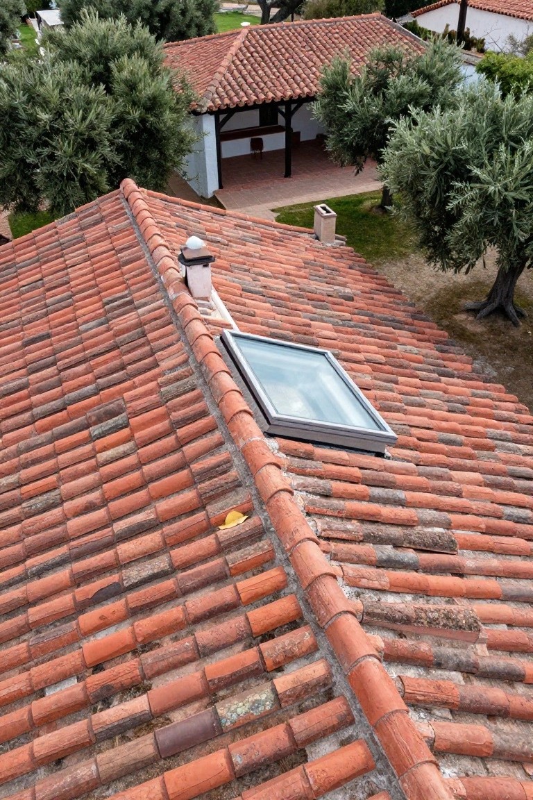 Aerial view of a terracotta tile roof on a Spanish-style house, with a skylight, chimney vent, white stucco walls, surrounding olive trees, and a courtyard area.