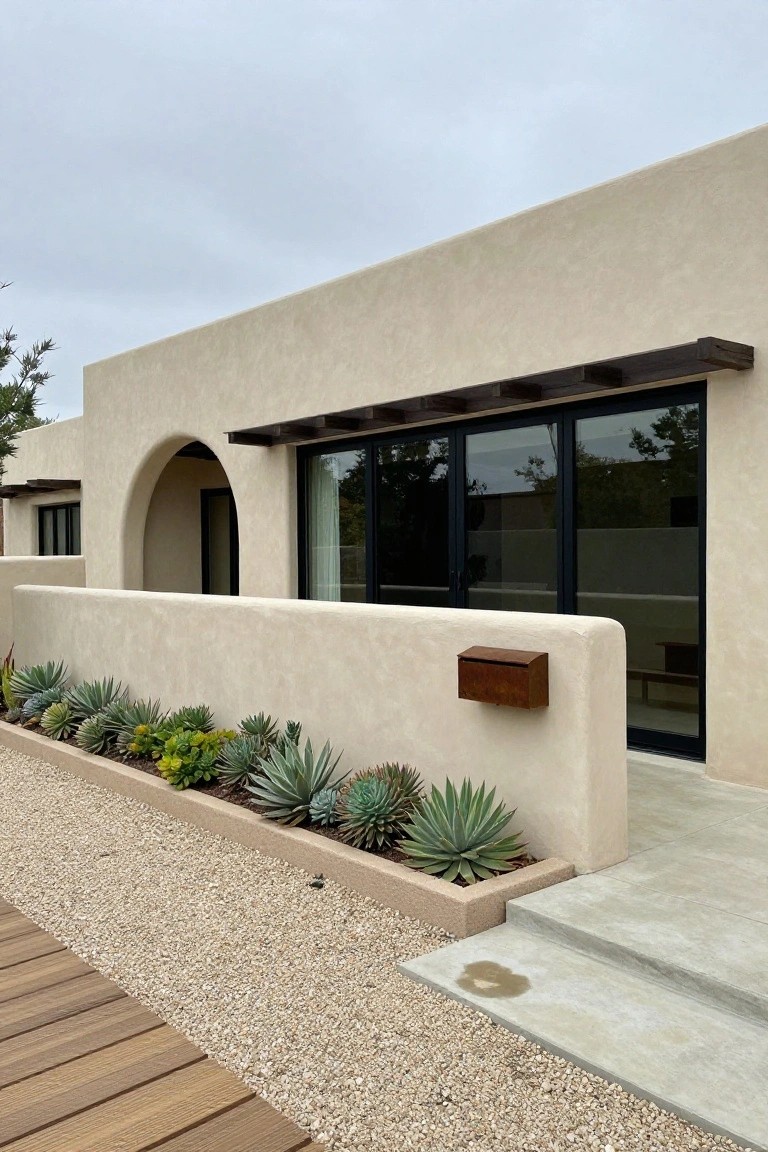 Beige stucco house exterior wall with rounded arches and edges, wooden beam canopy over black-framed sliding glass doors, low matching wall edged succulent planter bed, gravel path, wood decking, and concrete entry steps.