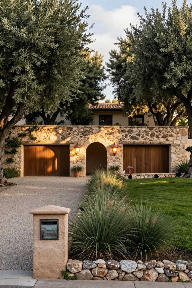 Front exterior view of a Spanish-style home with a tall textured stone wall incorporating two wooden garage doors flanking a central arched pedestrian entry, olive trees overhead, lanterns beside the doors, gravel driveway, and grassy landscape with ornamental grasses and rock edging.