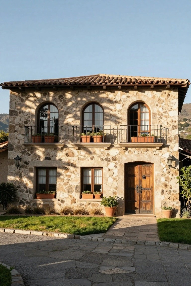 Two-story house with beige textured stone walls, red terracotta tile roof, upper arched windows with balcony and terracotta planters, lower rectangular windows, wooden front door with iron hardware, wall lanterns, potted plants, grass lawn, gravel path, and distant hills.