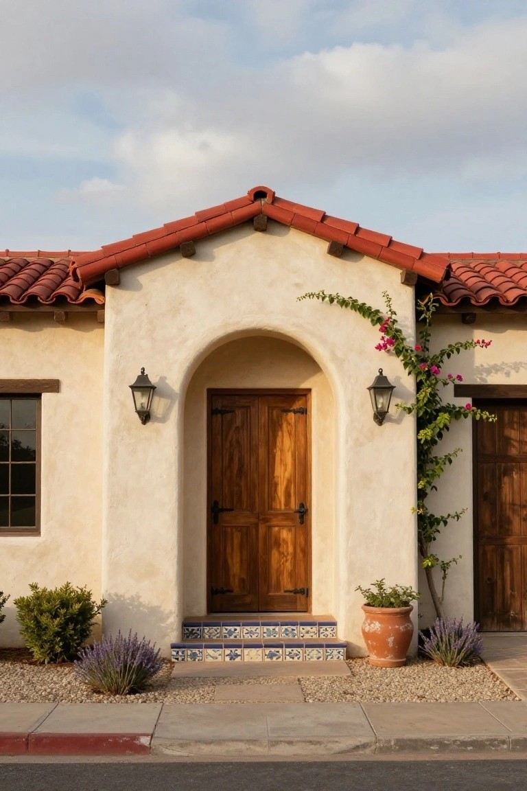 Beige stucco house exterior with red tile roof, arched wooden double door entry flanked by black lanterns, blue tiled steps, potted plant, and gravel landscaping.