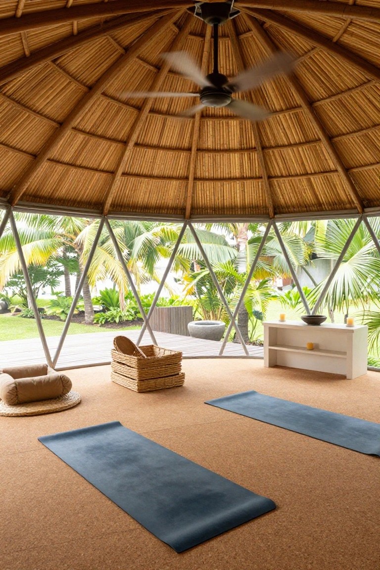 Interior of a geodesic dome room with bamboo ceiling and walls, spinning ceiling fan, cork flooring, two blue yoga mats, round cushions on woven mats, stacked baskets, and a white shelf with candles and bowl, large triangular windows showing palm trees and garden outside.