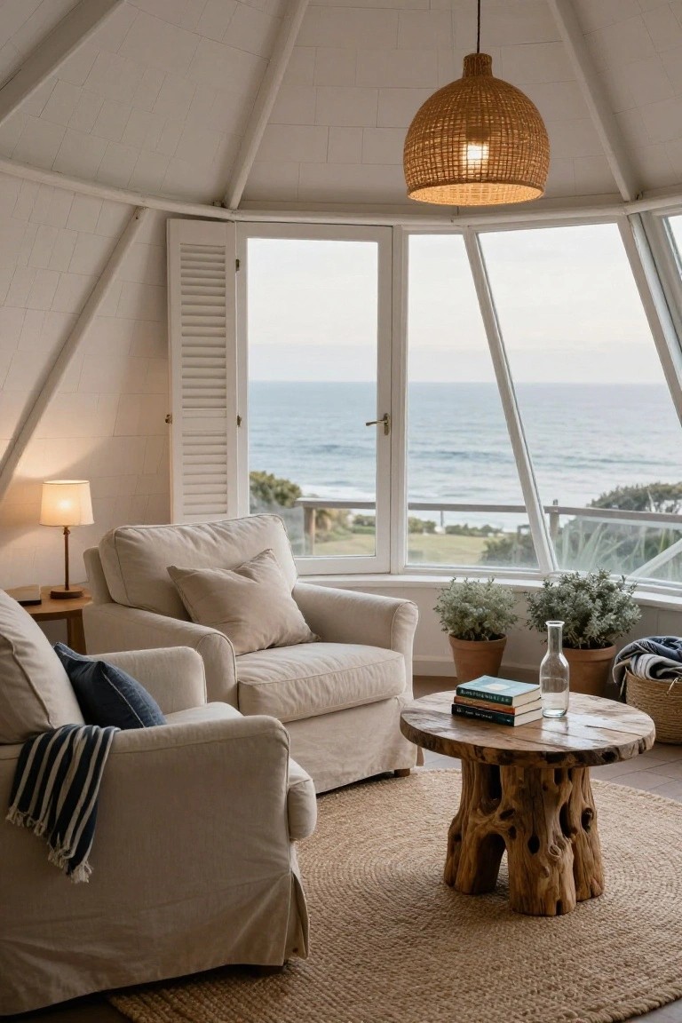 Bright octagonal room interior with white paneled walls and ceiling, two beige slipcovered armchairs with pillows and throws around a natural wood stump coffee table on a seagrass rug, potted plants, a lamp, books, and large windows overlooking the ocean.