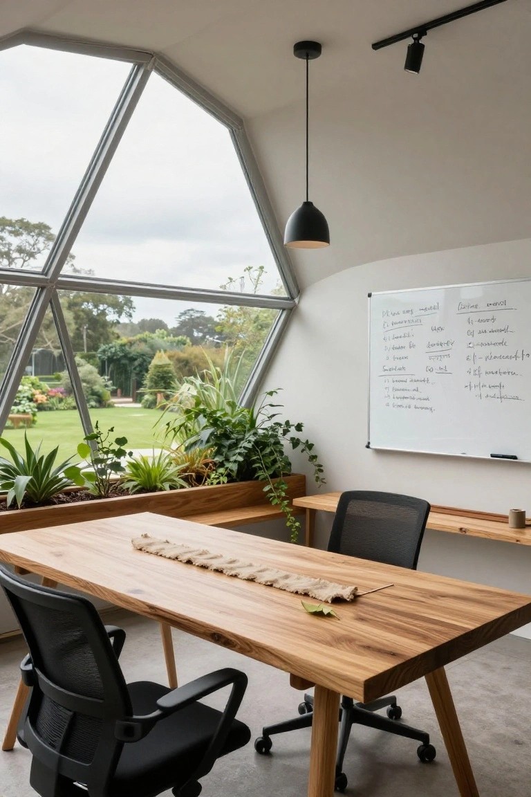 Interior view of a geodesic dome garden room office featuring large triangular glass windows overlooking a landscaped garden, a built-in wooden planter box along the window base filled with various green plants, a wooden table with a textured runner and leaf decoration, two black mesh office chairs, a curved white wall with a whiteboard covered in handwritten notes, and black pendant lighting.