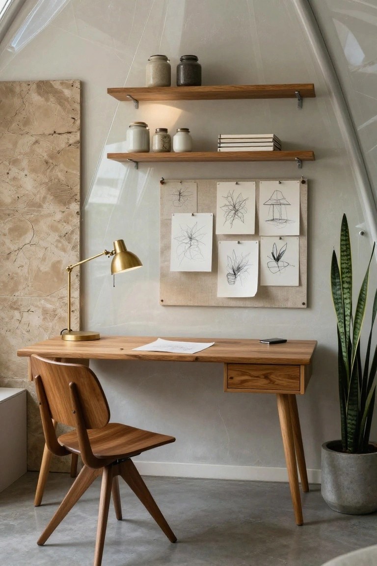 Wooden desk with drawer and swivel chair, brass adjustable lamp, cork bulletin board with sketches, floating oak shelves holding jars and books, and potted snake plant in a geodesic dome interior with light walls and glass ceiling.