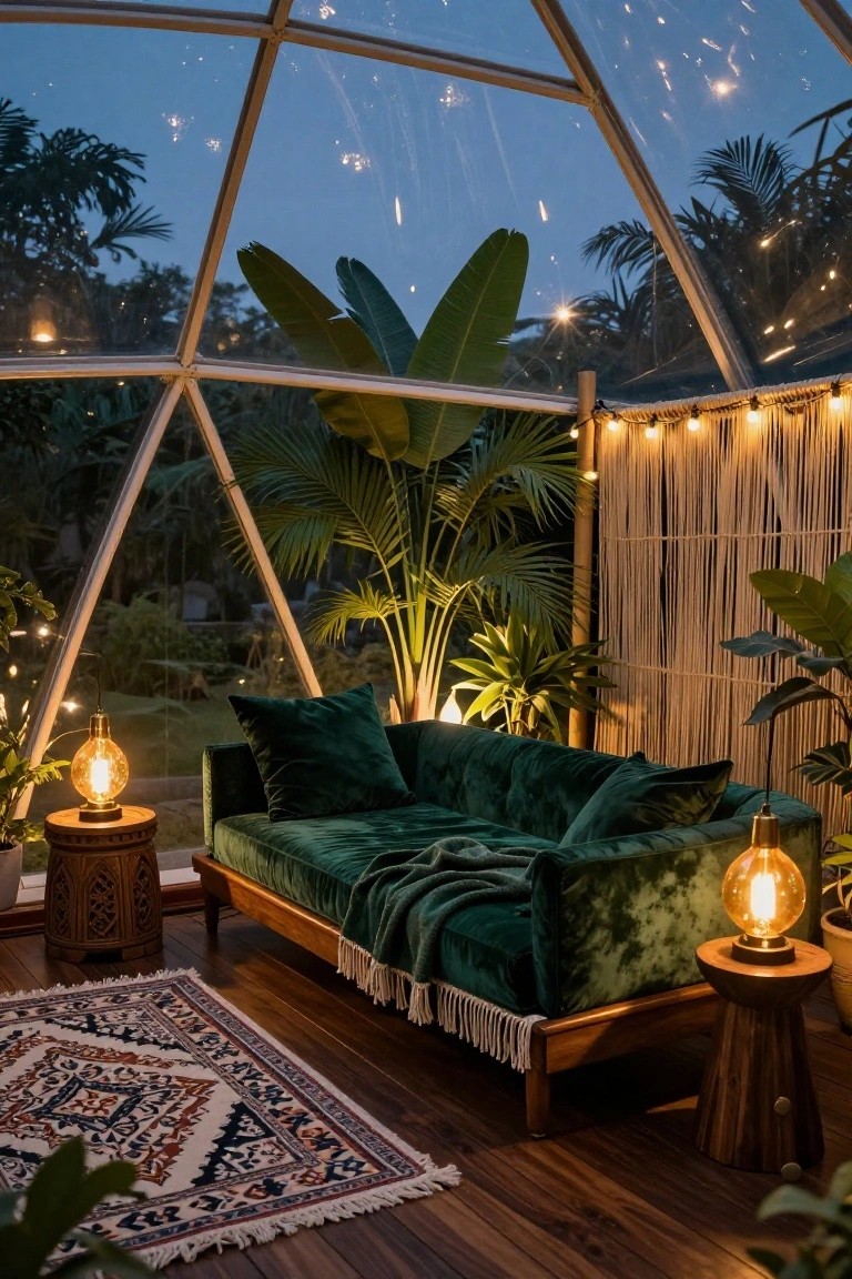 Geodesic dome interior with green velvet daybed on wooden base, throw blanket, potted plants, wooden stools holding globe lamps, bamboo screen, woven rug, and string lights under glass panels at dusk.